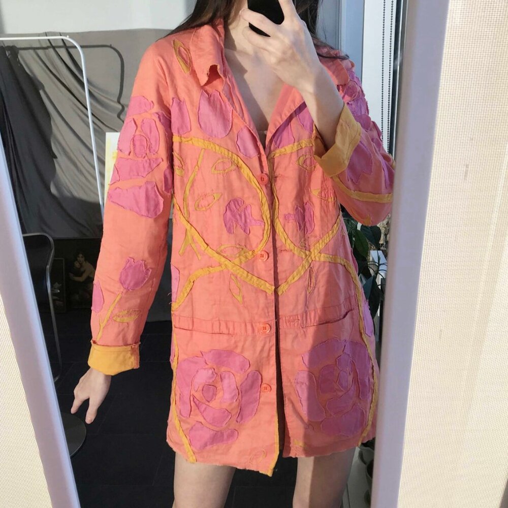Vintage Floral Patchwork Light Jacket: Pink Orange Boho Style (SM)